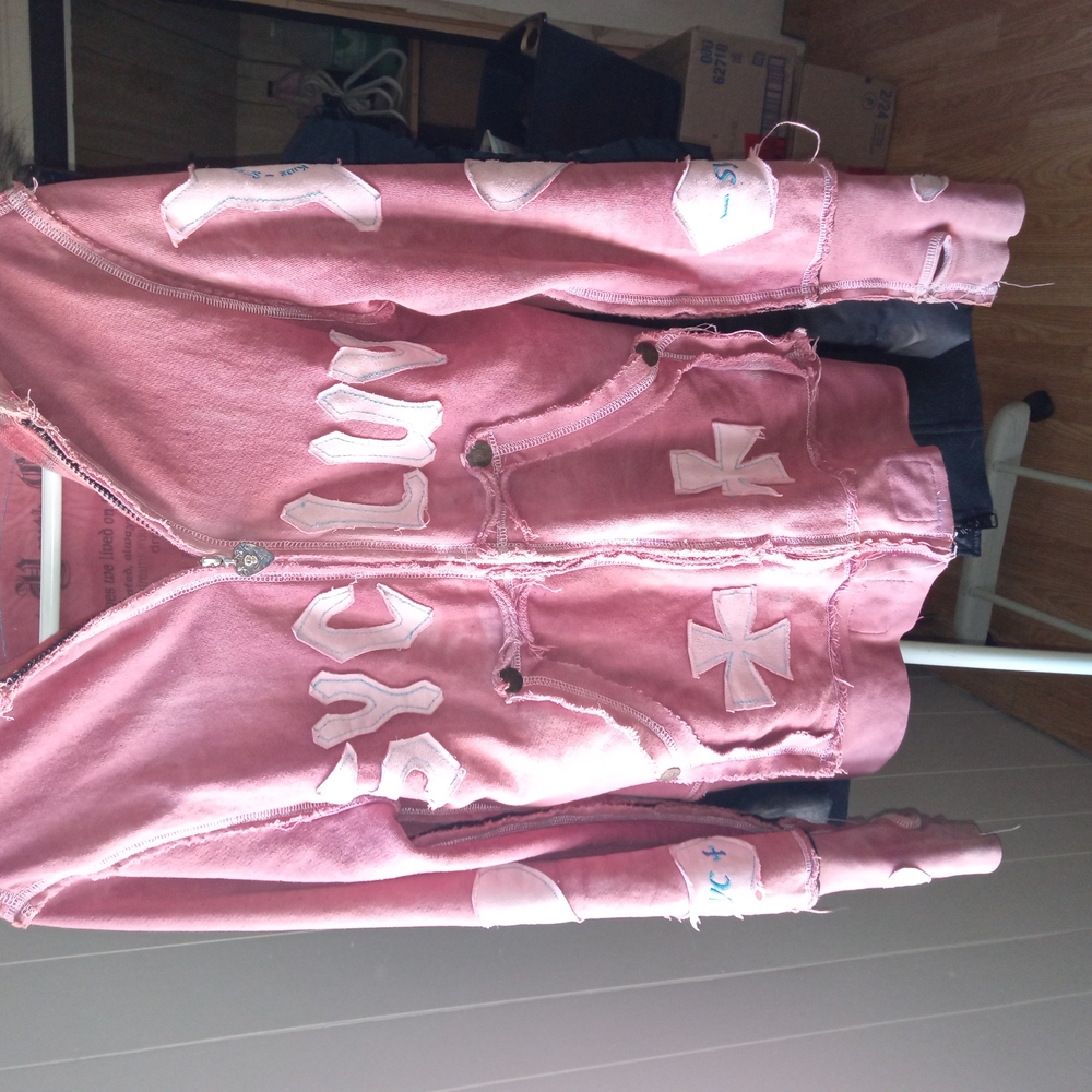 Pink Distressed Hoodie with Graphic Patches